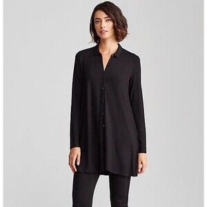 EILEEN FISHER Black Sz XXS Soft Stretchy Oversized Button Up Shirt LIKE NEW